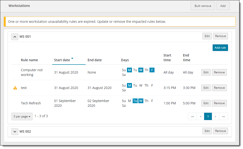 Workstation unavailability rule is expired. Users should update or remove the impacted rules.